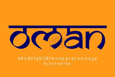 país Omán diseño de texto. Diseño de fuente estilo indio latino, alfabeto inspirado en Devanagari, letras y números, ilustración.