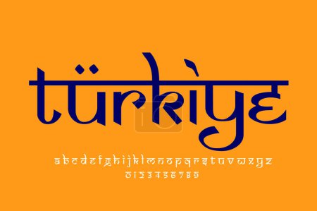 país Turkiye diseño de texto. Diseño de fuente estilo indio latino, alfabeto inspirado en Devanagari, letras y números, ilustración.