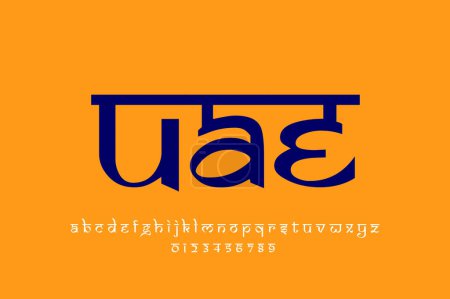 country UAE text design. Indian style Latin font design, Devanagari inspired alphabet, letters and numbers, illustration.