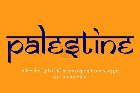 country Palestine text design. Indian style Latin font design, Devanagari inspired alphabet, letters and numbers, illustration.