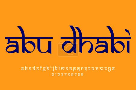 Diseño de texto de Abu Dhabi. Diseño de fuente estilo indio latino, alfabeto inspirado en Devanagari, letras y números, ilustración.