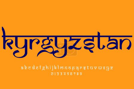 Land Kirgisistan Textgestaltung. Lateinisches Schriftdesign im indischen Stil, von Devanagari inspiriertes Alphabet, Buchstaben und Zahlen, Illustration.
