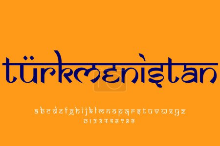 Land Turkmenistan Textgestaltung. Lateinisches Schriftdesign im indischen Stil, von Devanagari inspiriertes Alphabet, Buchstaben und Zahlen, Illustration.
