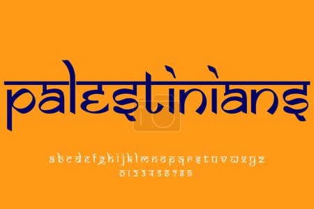 Diseño de texto palestino. Diseño de fuente estilo indio latino, alfabeto inspirado en Devanagari, letras y números, ilustración.