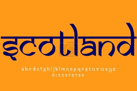 País europeo Escocia nombre diseño de texto. Diseño de fuente estilo indio latino, alfabeto inspirado en Devanagari, letras y números, ilustración.