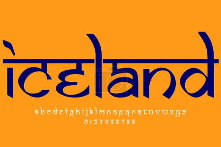Das europäische Land Island benennt Textdesign. Lateinisches Schriftdesign im indischen Stil, von Devanagari inspiriertes Alphabet, Buchstaben und Zahlen, Illustration.