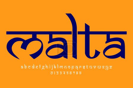 Das europäische Land Malta benennt Textdesign. Lateinisches Schriftdesign im indischen Stil, von Devanagari inspiriertes Alphabet, Buchstaben und Zahlen, Illustration.