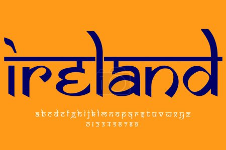 Das europäische Land Irland benennt Textdesign. Lateinisches Schriftdesign im indischen Stil, von Devanagari inspiriertes Alphabet, Buchstaben und Zahlen, Illustration.