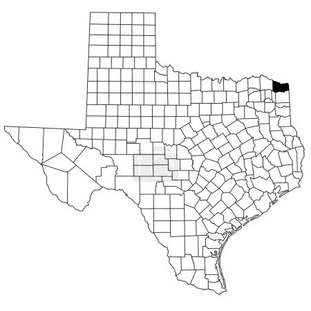 Map of Bowie County in Texas state on white background. single County map highlighted by black colour on Texas map. UNITED STATES, US