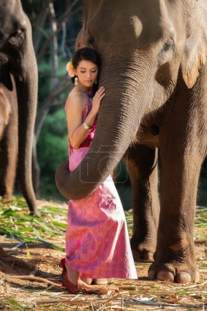 Jolie fille en costumes thaï traditionnels dans le tronc d'éléphant câlin avec amour.