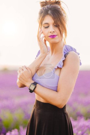 Photo for Summer and spring nature field. female lifestyle happiness outdoors in purple and romantic healthy aroma. floral scent - Royalty Free Image