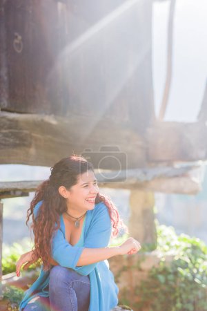 Photo for Tranquility ecotourism in a remote northern spain countryside village with old traditional culture architecture. European ecotourism. adult person outside dreaming in summer - Royalty Free Image