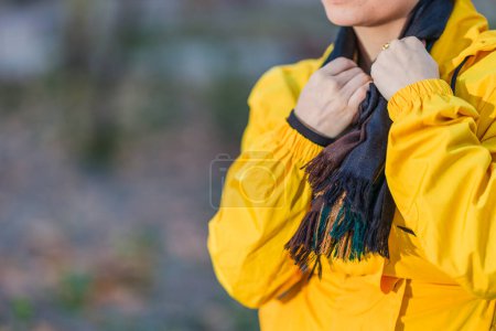 Photo for Autumn or winter season with waterproof jacket. flu pain and cold sick medical illness. Lfestyle people with copy space - Royalty Free Image