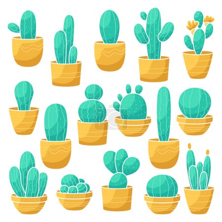 Cactus set. A collection of cute minimalist flat plants in pots. Simple cartoon clipart illustrations to print on stickers. Logos and emblems for a flower shop. Clipart for packaging design.