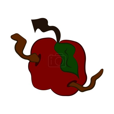 Illustration for Red poisonous apple with worms. Stylized simple vector illustration isolated on white background. Spooky witches item for evil spells. Enchanted apple. Cartoon hand drawn clipart for Halloween design. - Royalty Free Image