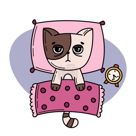 Cat cannot sleep at night. Cute cartoon kitten lying in bed. Sleep disorder and mental health problems. Insomnia and difficulty falling asleep. Vector color doodle illustration.