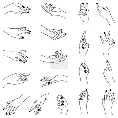 Anmutige Frauenhände im linearen Stil. Sammlung verschiedener Gesten und Posen. Nonverbale Sprache und Zeichen. Schwarze minimalistische Symbole isoliert auf weißem Hintergrund. Grafische Ausschnitte.