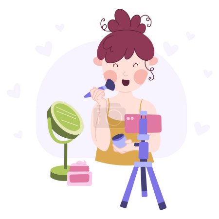 Illustration for Beauty blogging concept. Recording makeup tutorial video and cosmetics review. Vector cartoon flat illustration. - Royalty Free Image