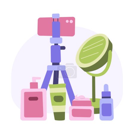 Illustration for Beauty blogging concept. Set of objects for cosmetics review videos and makeup tutorials. Vector cartoon flat illustrations. - Royalty Free Image