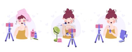Illustration for Beauty blogging concepts collection. Recording makeup tutorial video and cosmetics review. Set of vector cartoon flat illustrations. - Royalty Free Image