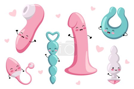 Collection of different sex toys for women and men. Cute happy kawaii characters.