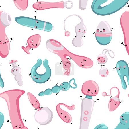 Seamless pattern with different sex toys for women and men. Cute happy kawaii characters.