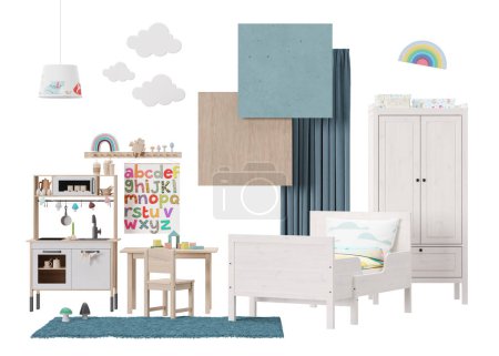 Photo for Interior design mood board with isolated modern childs room furniture, home accessories, materials. Furniture store, details. Interior project for kids room. Contemporary style, collage. 3d render - Royalty Free Image