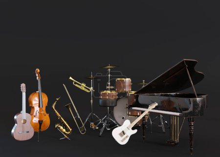 Photo for Different musical instruments on black background. Copy space for text, advertising, logo. Piano, guitar, saxophone, drums. Music school concept. Musical education. 3D rendering - Royalty Free Image