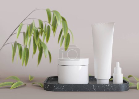 Photo for White, blank, unbranded cosmetic cream jars and tubes standing on podium, with tree branch and leaves. Skin care product presentation. Modern mock up. Jar, tube with copy space. 3D render - Royalty Free Image