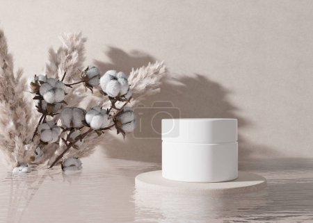 Weißes, unbeschriebenes Kosmetikcremeglas mit Wasser, Pampasgras und Baumwollpflanze auf beigem Hintergrund. Hautpflege Produktpräsentation. Moderne Attrappe. Schönheit und Wellness. Glas mit Kopierraum. 3D-Renderer