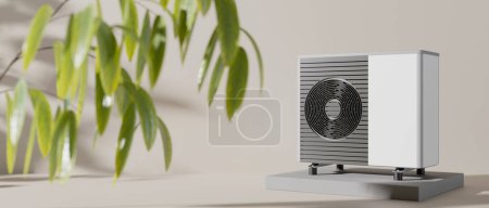 Luft-Wärmepumpe und Blätter auf beigem Hintergrund. Moderne, umweltfreundliche Heizung. Wärmepumpen aus Luftquellen sind effiziente und erneuerbare Energiequellen. Banner. 3D-Darstellung