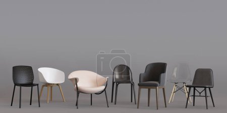 Photo for Banner with modern chairs and copy space for text, advertisement. Furniture store, interior details. Furnishings sale. Template with empty space. Minimalist design. 3d render - Royalty Free Image