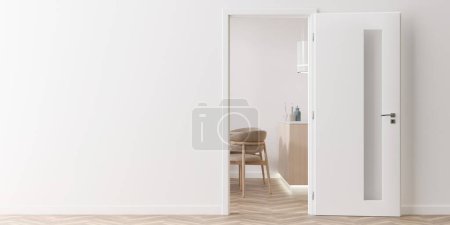 Modern white door in the room. Close up view. Copy space for text, advertising. Production and trade of interior doors. Stylish internal door. Manufacture and sale. Contemporary interior. 3D render