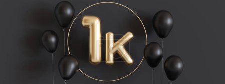 Photo for 1000 followers card with balloons on black background. Banner for social network, blog. 1k followers or likes celebration. Social media achievement poster. One thousand subscriber. 3d render - Royalty Free Image
