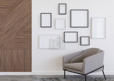 Various empty picture frames on white wall in modern room. Mock up interior in contemporary style. Free, copy space for pictures, posters, artworks or photos. Group of frames. 3D render