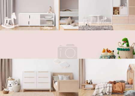 Téléchargez les photos : Collage with modern and playful kids rooms and copy space for text, advertising. Childrens rooms in contemporary style. Interior design project. Furniture for kids, toys, home accessories. 3D - en image libre de droit