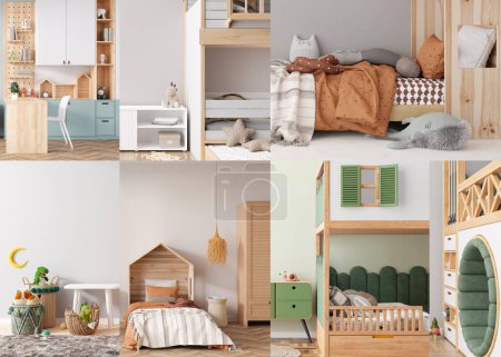 Téléchargez les photos : Collage with modern and playful kids rooms. Childrens rooms in contemporary style. Interior design project. Furniture for kids, toys, home accessories. 3D rendering - en image libre de droit