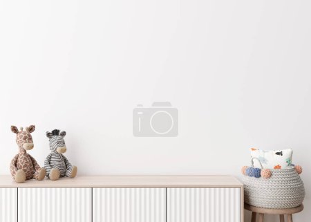 Photo for Wall mock up in kids room. Copy space for your artwork, picture, poster or sticker. Childs room mockup. Blank white wall, close up view. Empty space on the sideboard to show toy, product. 3D render - Royalty Free Image