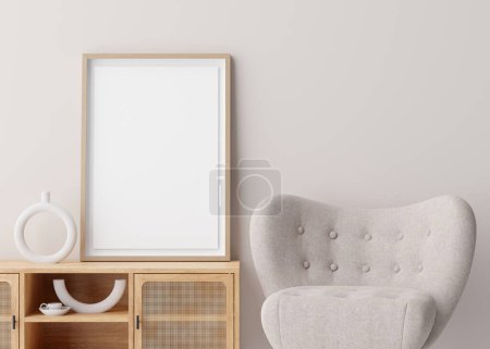 Photo for Blank vertical picture frame mockup in room. Contemporary, modern style. Empty space for artwork, poster. Armchair, sideboard, vase. Wooden frame mock up, template. Close up view. 3D rendering - Royalty Free Image