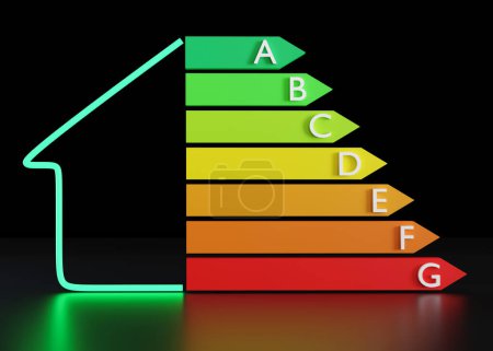Foto de Gráfico de eficiencia energética y casa sobre fondo negro. Hogar ecológico y bioenergético. Clase de energía, certificado de rendimiento, gráfico de calificación. Ecológico, ahorro de energía. renderizado 3d - Imagen libre de derechos