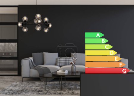 Photo for Energy efficiency rating chart and home interior. Ecological and bio energetic house. Energy class, performance certificate, rating graph. Eco friendly, energy saving. 3d rendering - Royalty Free Image