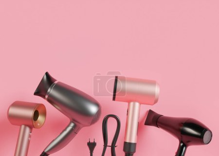 Photo for Hair dryers on pink background with copy space. Empty space for your text, advertising. Professional hair style tools. Realistic hairdryer for hairdresser salon or home usage. Tool for drying hair. 3D - Royalty Free Image