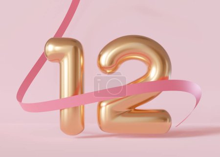 Golden shiny number twelve on pink background with ribbon. Symbol 12. Invitation for a twelfth birthday party or business anniversary. 3D Render