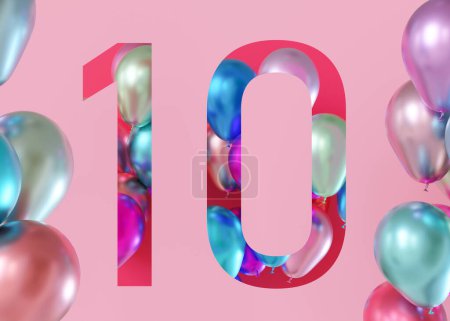 Nummer zehn auf rosa Hintergrund, mit leuchtenden, bunten Luftballons. Symbol 10. Zehnter Geburtstag, Betriebsjubiläum. Festliche Veranstaltung. Moderne, angesagte Nummern. 3D-Renderer