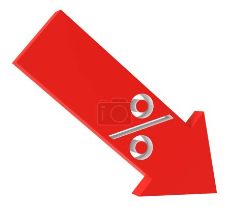 Flecha roja apuntando hacia abajo con símbolo porcentual, ideal para campañas de marketing, indicando ventas, descuentos o tendencias de recesión económica. Flecha con signo porcentual, aislada sobre fondo blanco. 3D