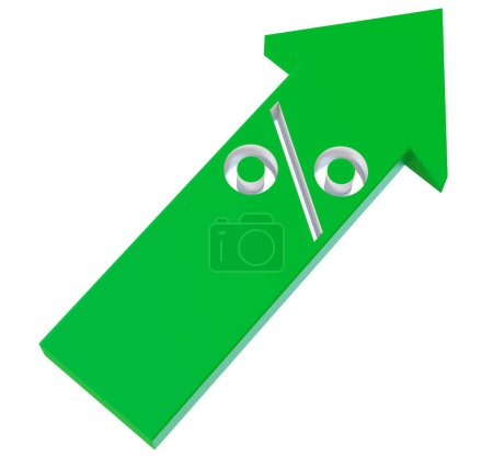 Flèche vers le haut verte avec symbole de pourcentage, parfaite pour les visuels liés à la croissance des ventes, à l'amélioration financière ou aux tendances positives du marché. Flèche avec signe pourcentage, isolée sur fond blanc. 3D