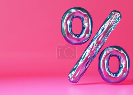 Holographic, shiny discount sign on vibrant pink background. Iridescent percent symbol. Sale, special offer, good price, deal. Sale off promotion. Percentage. Black Friday. Copy space. 3D render