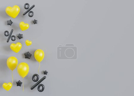 Gray background with discount signs, yellow balloons and hearts. Empty, copy space for promotion text. Percent symbols. Sale, special offer, good price, deal, shopping. Sale off. Black Friday. 3D