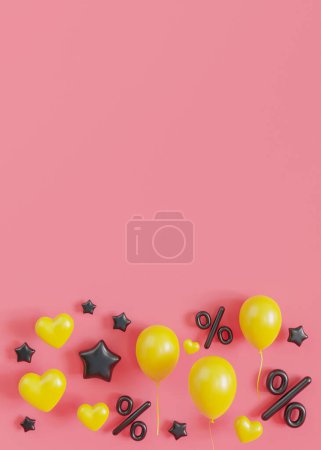 Símbolos de porcentaje negro y globos amarillos sobre un fondo rosa suave, perfecto para promociones festivas, eventos especiales y materiales de marketing de ventas. Fondo vertical con espacio vacío para texto. 3D