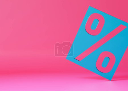 Impresionante signo de porcentaje cian contra un fondo rosado vívido, que simboliza promociones, descuentos y ventas, ideal para campañas de marketing, anuncios y promociones minoristas. Copiar espacio. 3D